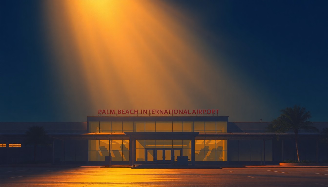 A serene, photorealistic painting of the Palm Beach International Airport terminal building, with the structure bathed in warm, golden light and long shadows, conveying a sense of quiet contemplation about the role of public spaces in reflecting political histories.