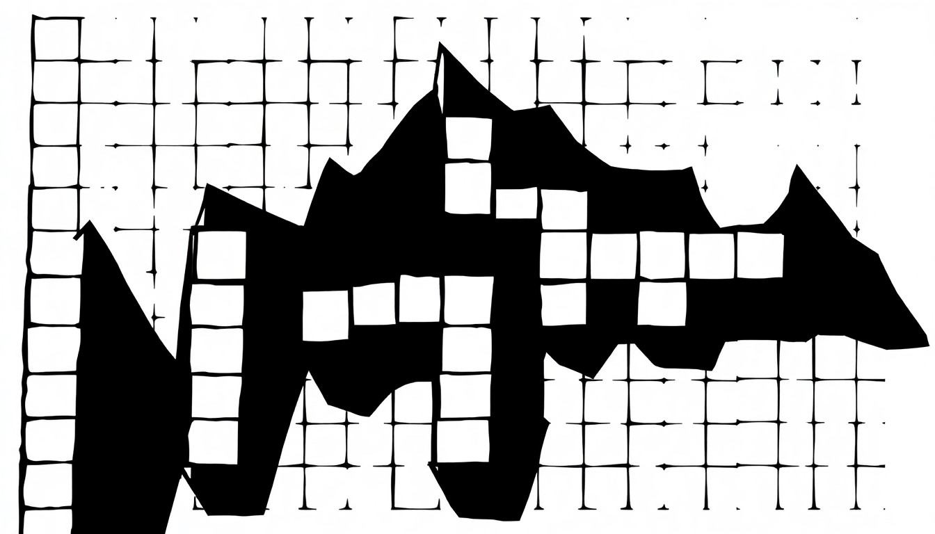 An abstract, minimalist illustration featuring bold, jagged black shapes against a stark white background, conceptually representing the idea of a crossword puzzle.