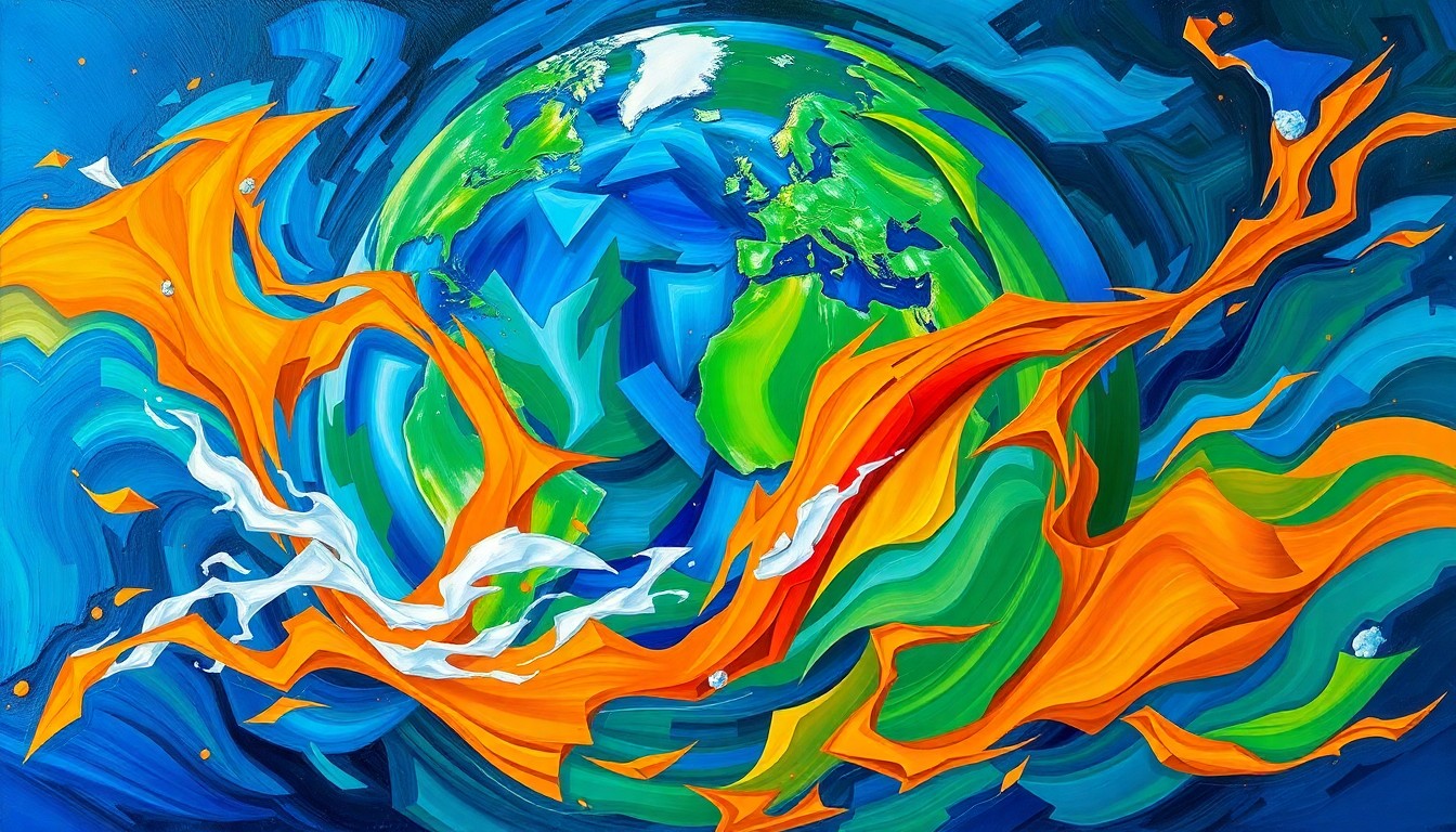 A dynamic, abstract painting with overlapping, fractured geometric shapes in shades of blue, green, and orange, conveying a sense of volatility and rapid change in the global landscape.