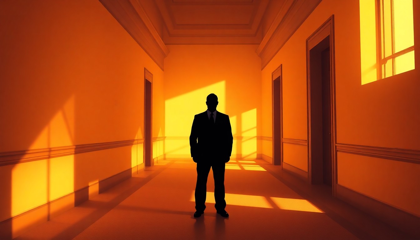 A dimly lit, cinematic painting of a lone political figure standing in an empty government building hallway, with warm light casting dramatic shadows across the scene, conceptually representing the heightened tensions and uncertainty surrounding the U.S.-Iran relationship.