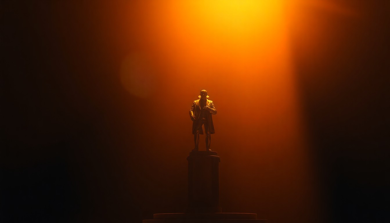 A photorealistic painting depicting a solitary gold statue of a political figure standing in a dimly lit urban setting, with warm diagonal sunlight and deep shadows creating a cinematic, nostalgic atmosphere.