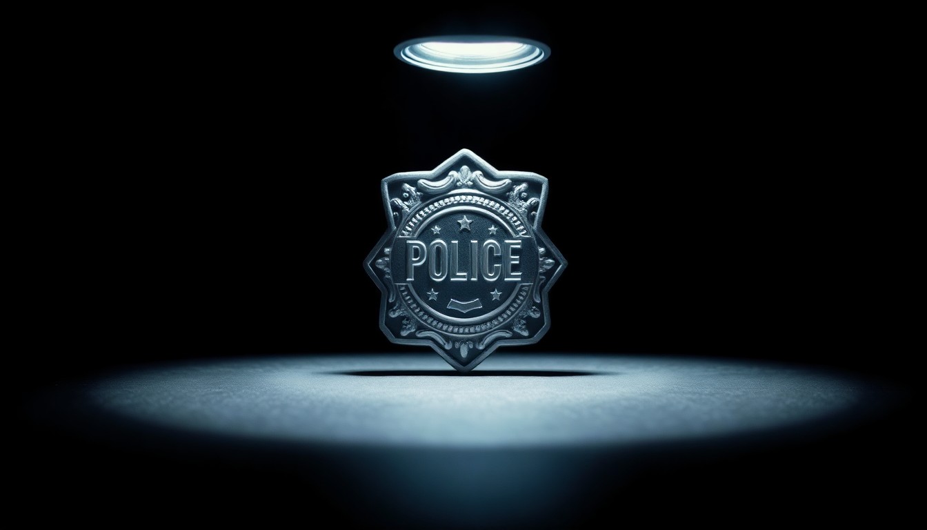 An extreme close-up of a police badge reflecting a harsh, direct flash of light, conveying the stark, gritty nature of this crime story without depicting violence.
