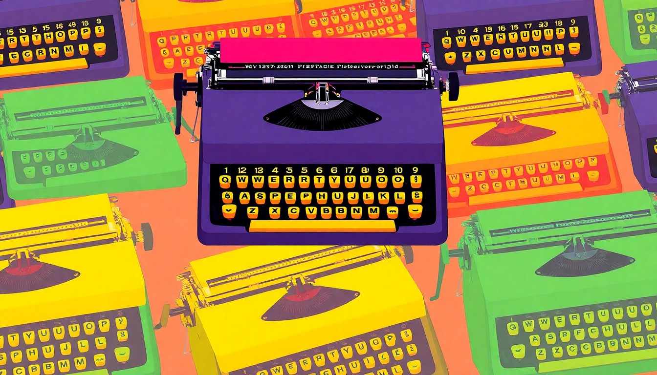 A highly stylized, abstract illustration featuring a vintage manual typewriter repeated in a grid pattern, rendered in a bold, neon color palette and heavy black outlines, capturing the retro aesthetic and conceptual significance of this analog writing exercise.