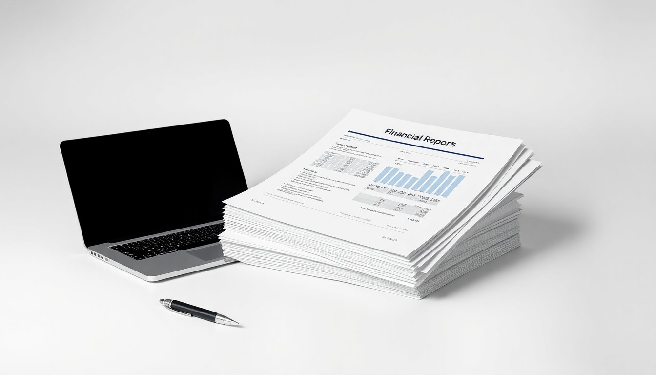 A minimalist studio still-life photograph featuring a stack of financial reports, a laptop, and a pen arranged on a clean, monochromatic background, conceptually representing the collaboration between Grant Thornton and Kingland in providing enterprise data and compliance solutions.