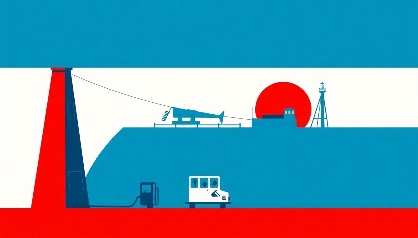 A geometric abstract illustration featuring intersecting triangles and circles in shades of red, orange, and blue, conceptually representing the volatility and uncertainty in Florida's fuel market due to the disruption of global oil supply.