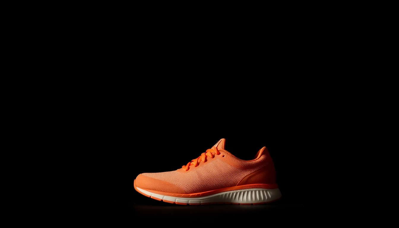 An extreme close-up photograph of an orange running shoe against a stark black background, conceptually representing the search for a missing person.