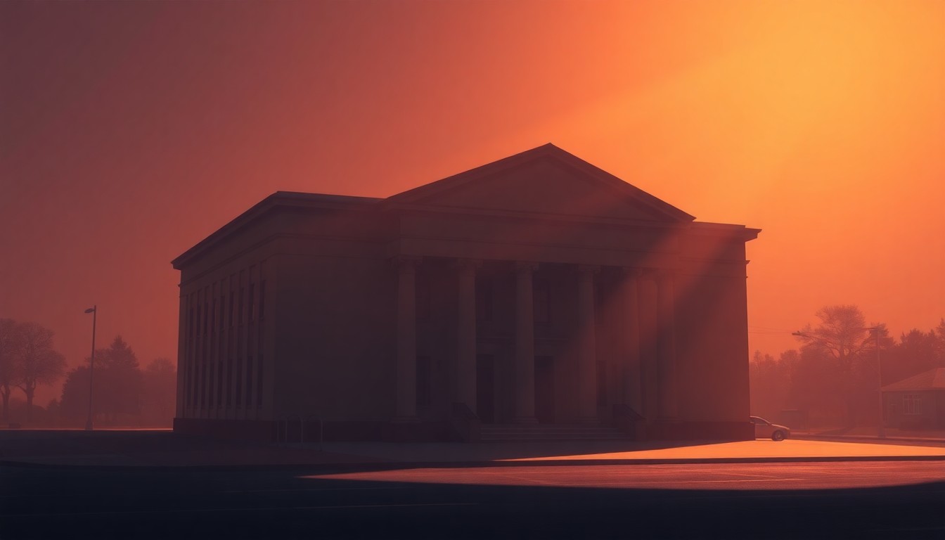 A warm, cinematic painting of a government building or courthouse, with deep shadows and diagonal sunlight, conveying a sense of quiet contemplation around the high-stakes legal battle over birthright citizenship.