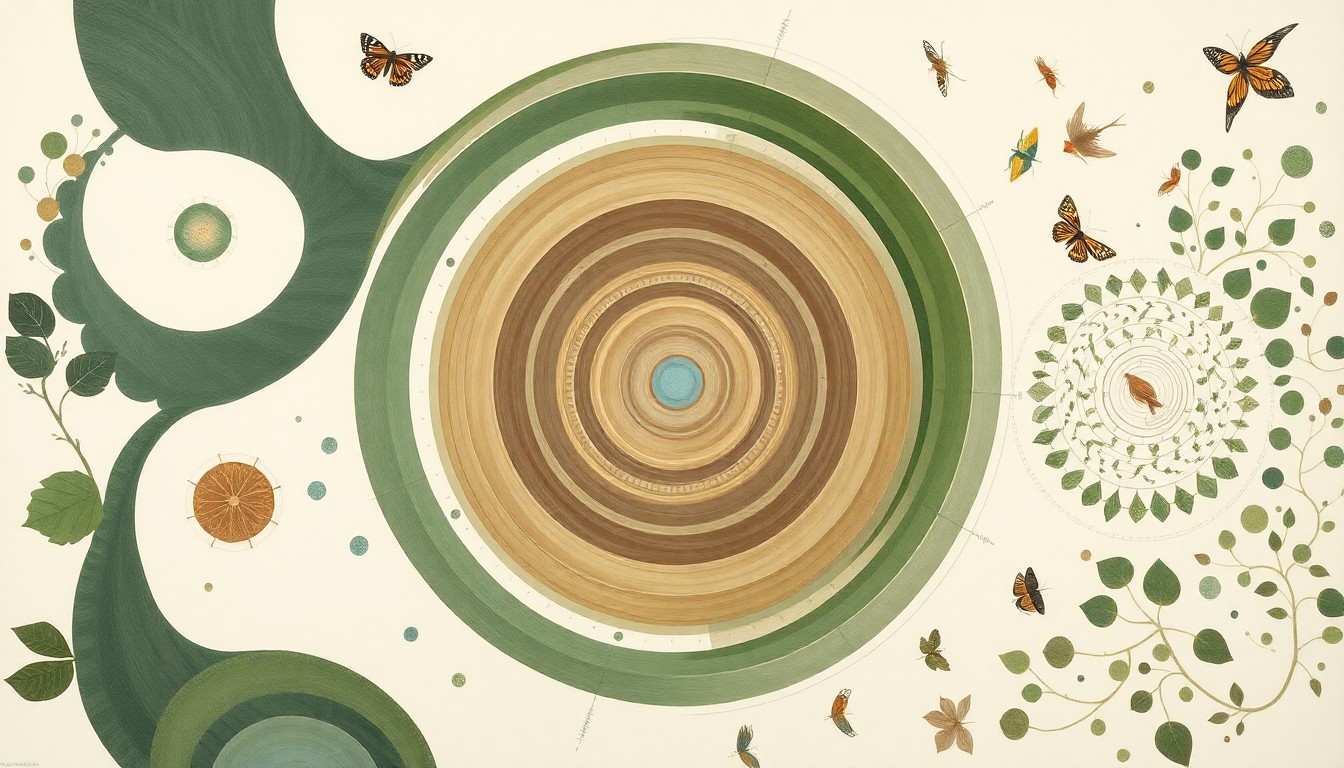 A highly textured, abstract painting in muted tones of green, blue, and brown, featuring sweeping geometric shapes and precise botanical forms that evoke the complex interconnectedness of wetland ecosystems and the regulatory framework that governs their protection.