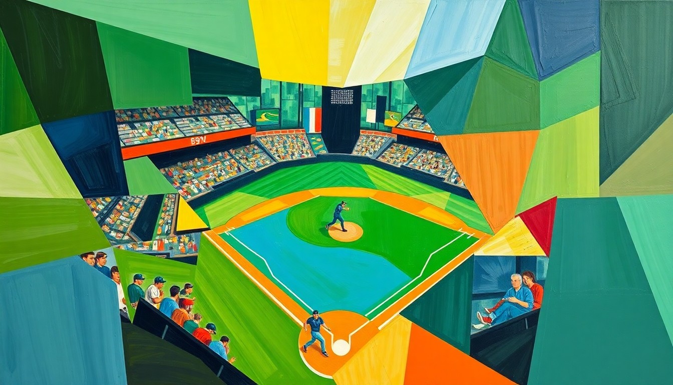 A fragmented, geometric painting in shades of green, blue, and orange depicts the action and energy of a high school softball game, with overlapping shapes and planes representing the dynamic movements of the players.