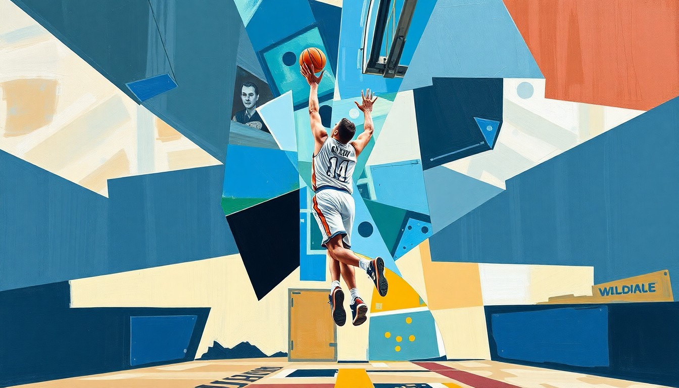 A cubist-style painting depicting a high school basketball player in mid-jump shot, with their body and the basketball fragmented into sharp, overlapping geometric shapes and planes in a vibrant color palette.