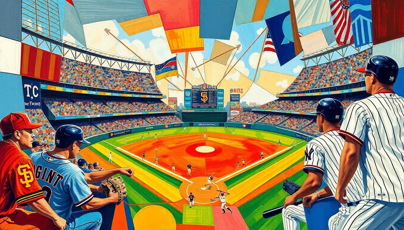 A fragmented, geometric painting in bold colors depicting a baseball game, with the players and field broken down into sharp, overlapping shapes and planes, conveying the dynamic action and competing forces of the sport.