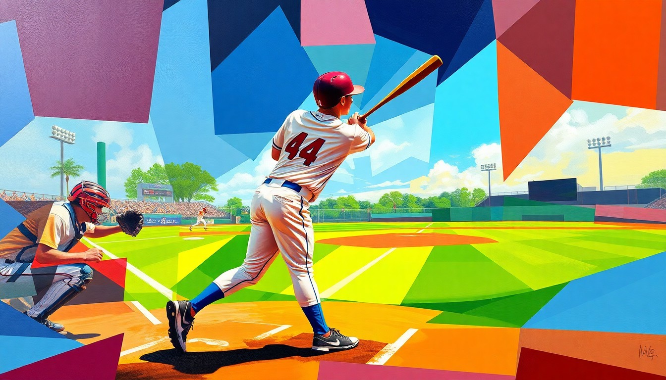 A cubist, geometric painting depicting a high school baseball player in the midst of swinging a bat, the ball and field fractured into sharp, overlapping planes of color, capturing the raw energy and movement of the sport.