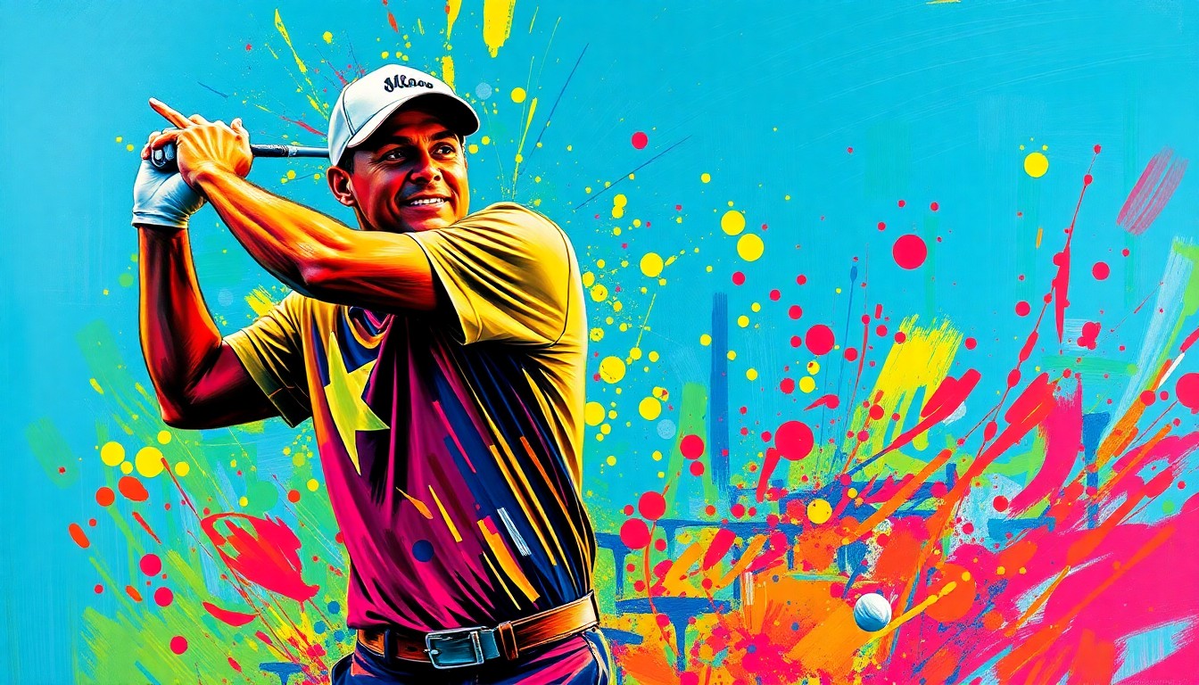 An abstract, expressionist painting in vibrant neon colors capturing the raw energy and emotion of a golfer's triumphant swing, with the figure dissolving into unrecognizable brushstrokes.