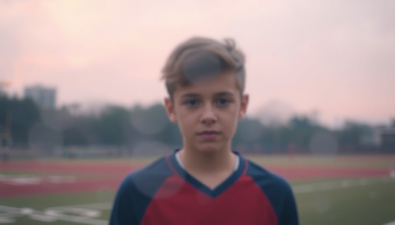 An abstract, impressionistic photograph of a blurred, indistinct figure on a sports field, their face obscured by soft, warm washes of color, conveying a sense of dreamlike melancholy.