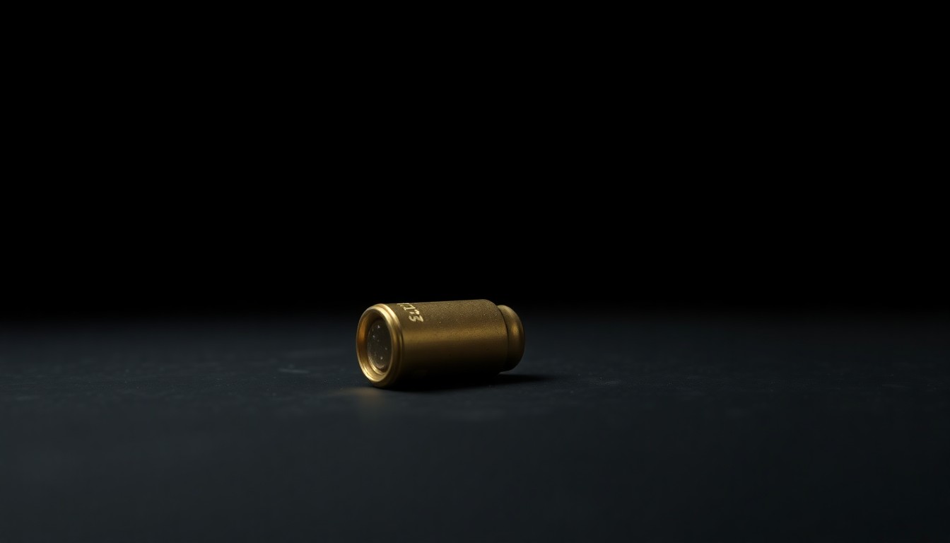 An extreme close-up photograph of a single spent shell casing on a dark background, conceptually representing the aftermath of a school shooting incident.
