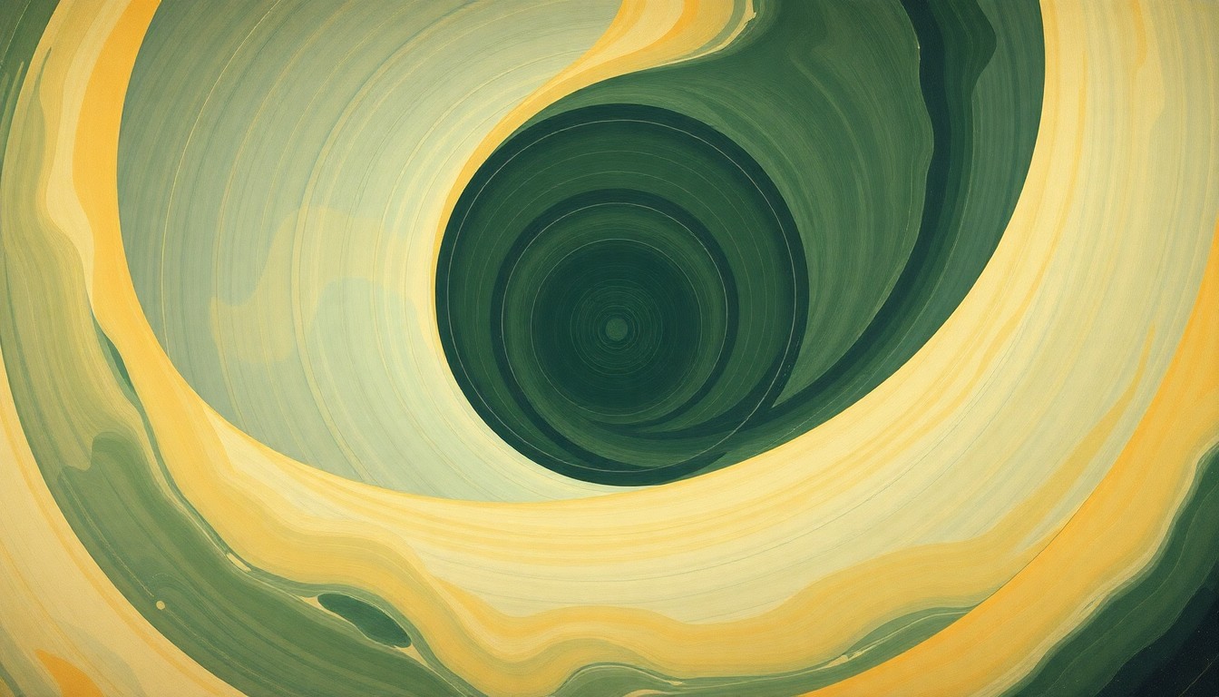 A bold, abstract painting in soft shades of green, blue, and orange featuring sweeping geometric arcs, concentric circles, and precise spirals, conceptually representing the structural order and complex forces guiding the Artemis II spacecraft on its journey to the moon.