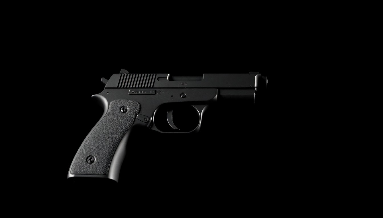 An extreme close-up photograph of a handgun, the metal surface reflecting the harsh flash of the camera against a pitch-black background, conceptually representing the dangerous weapons confiscated during the crackdown on a teen takeover event.