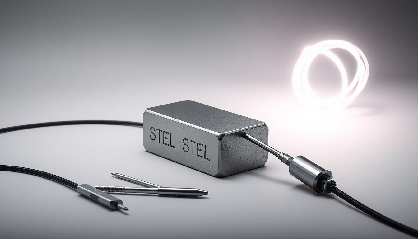 A photorealistic studio still-life photograph featuring a polished steel ingot, a set of precision steel tools, and a glowing fiber-optic cable, conceptually representing the core elements of steel production and the technological advancements transforming the industry.