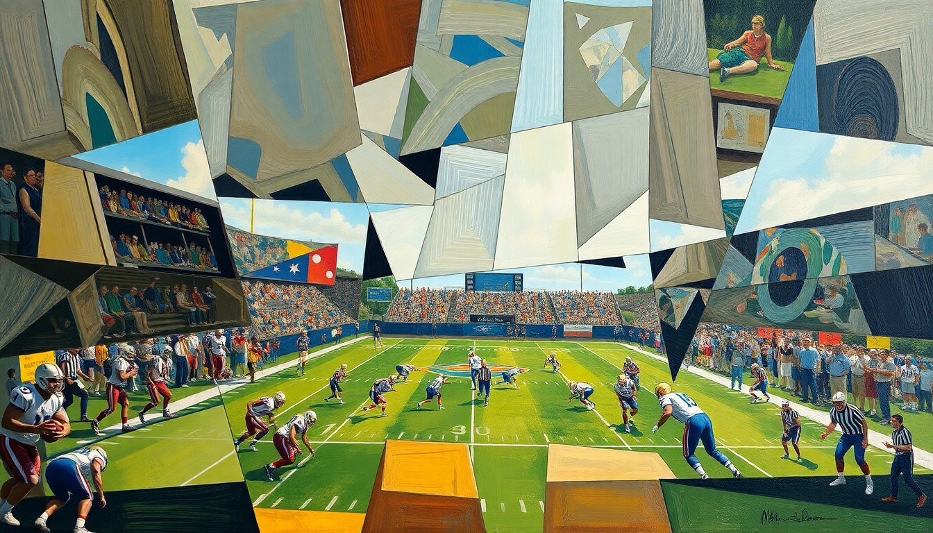 A cubist, geometric painting depicting fragmented, overlapping images of a football player in action, conveying the intensity and energy of the sport.