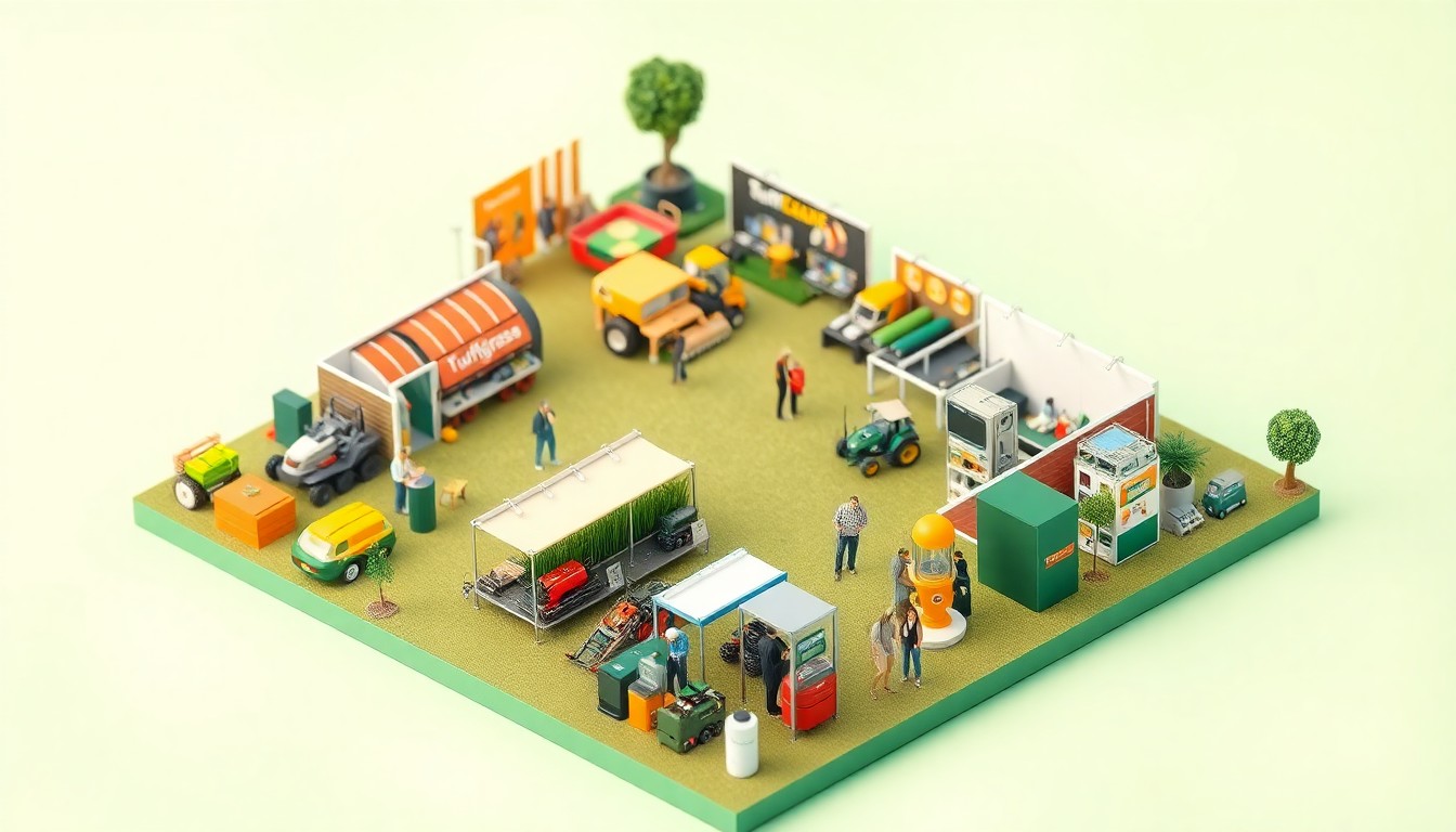 A stylized 3D diorama depicting an outdoor trade show or exhibition, with various turfgrass products, equipment, and booths arranged in a clean, modern isometric perspective, using bold, saturated colors on a pastel background to capture the energy and innovation of the turfgrass industry.