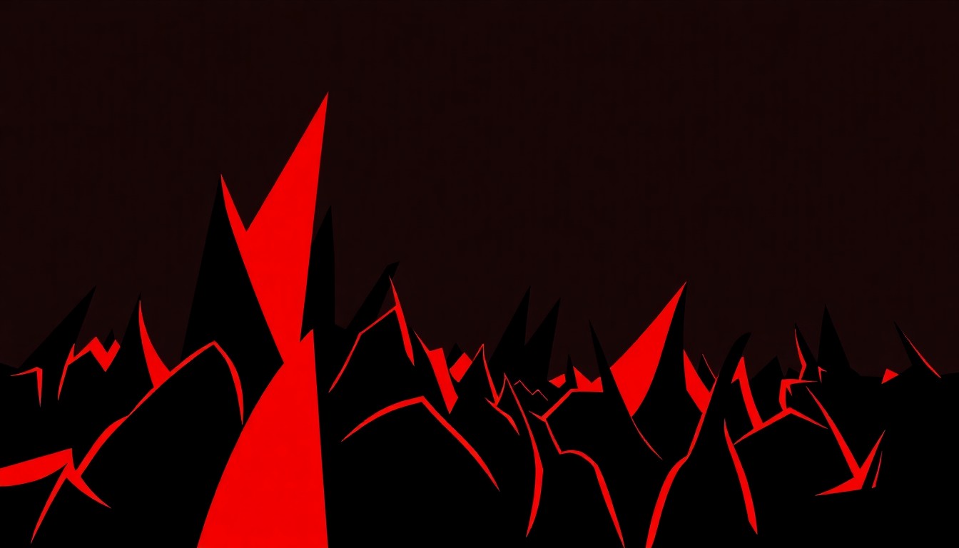 An abstract illustration featuring bold, geometric shapes in black and red, capturing the energy and excitement of a diverse lineup of musical acts performing at Little Caesars Arena.