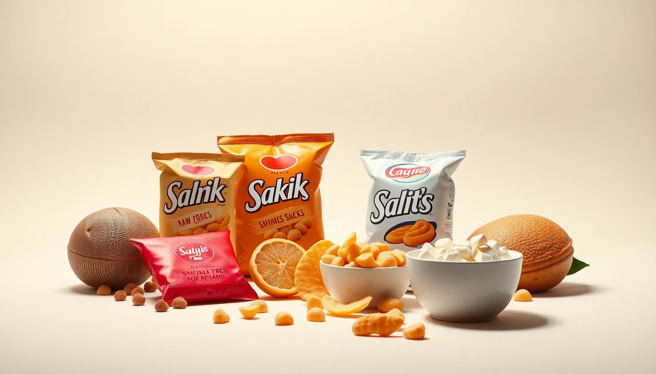 A photorealistic studio still-life photograph featuring a selection of premium snack products arranged elegantly on a clean, monochromatic background, conceptually representing the snack industry's focus on delivering function, fuel, and indulgence to evolving consumer preferences.