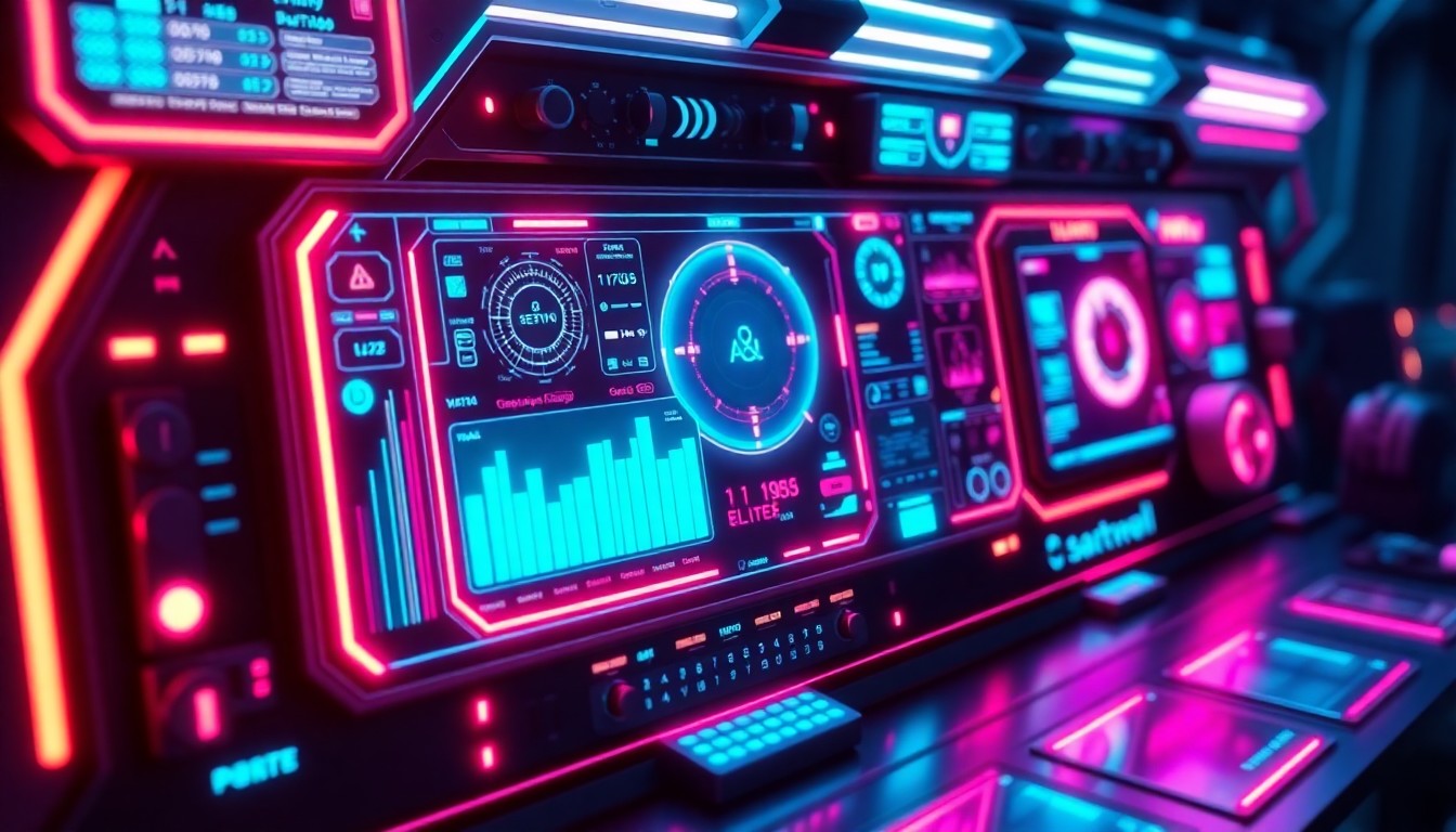 A highly detailed, 3D illustration of a glowing, futuristic control panel or dashboard interface, with neon cyan and magenta lights illuminating the various digital displays, sensors, and interconnected hardware components, conceptually representing the AI-powered capabilities of Spotter AI's Sentinel platform.
