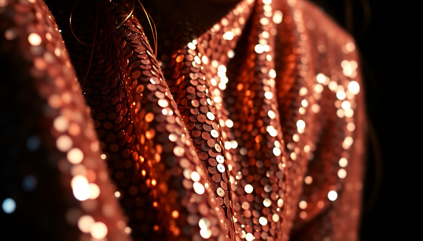 An abstract close-up photograph of shimmering, glittering sequins captured in high-contrast studio lighting, conveying the luxurious, high-fashion aesthetic of Ariana Grande's pop star persona.