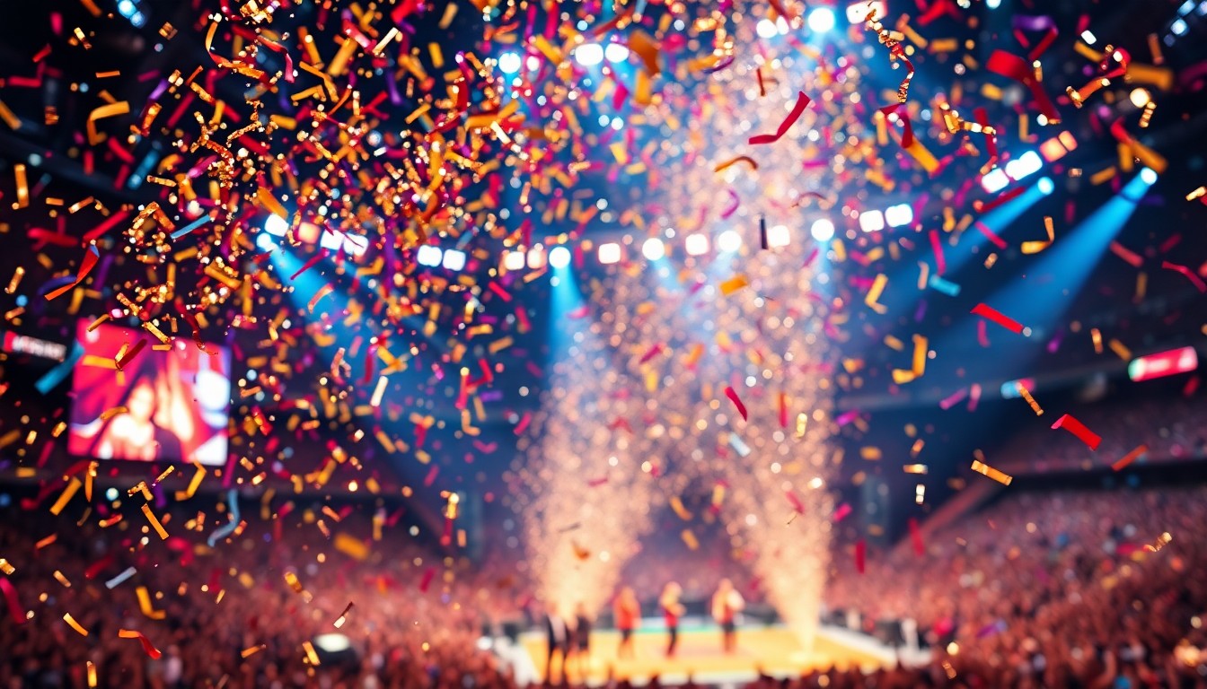 An abstract close-up photograph featuring a vibrant explosion of glittering confetti and shimmering streamers in a burst of celebratory colors, conveying the energy and spectacle of a major live music performance at a sporting event.