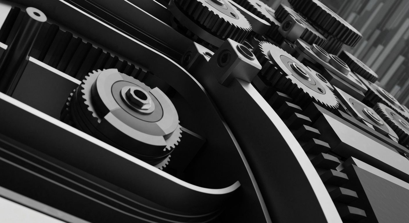 An extreme close-up of a series of interlocking metal gears and levers, conveying the heavy, physical nature of financial infrastructure without using any literal currency or charts.