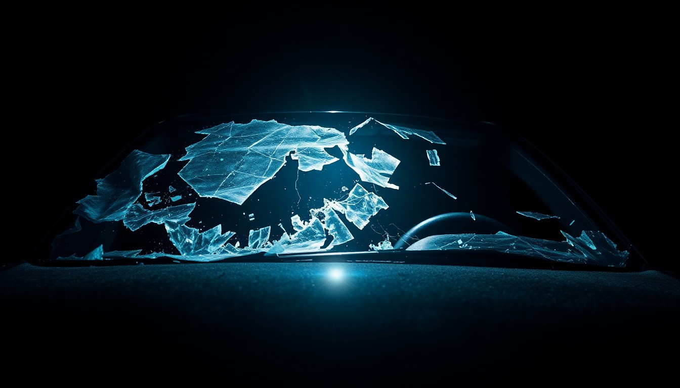 An extreme close-up photograph of a shattered car windshield or crumpled car part, lit by a harsh, direct camera flash against a pitch-black background, conceptually illustrating the aftermath of a high-speed collision.