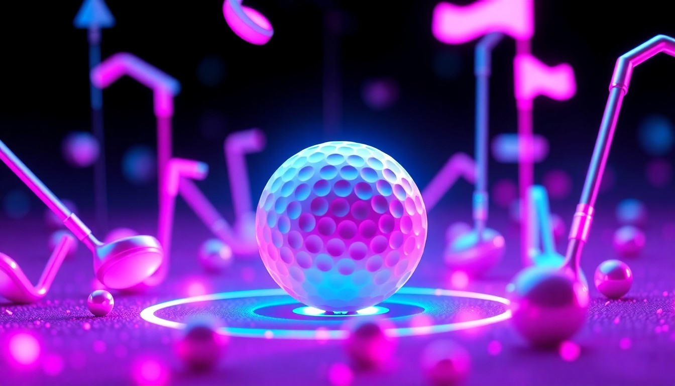 A vibrant, 3D macro illustration of a golf ball surrounded by glowing digital golf elements, representing the integrated features and connected experience of the GolfGuiders app.