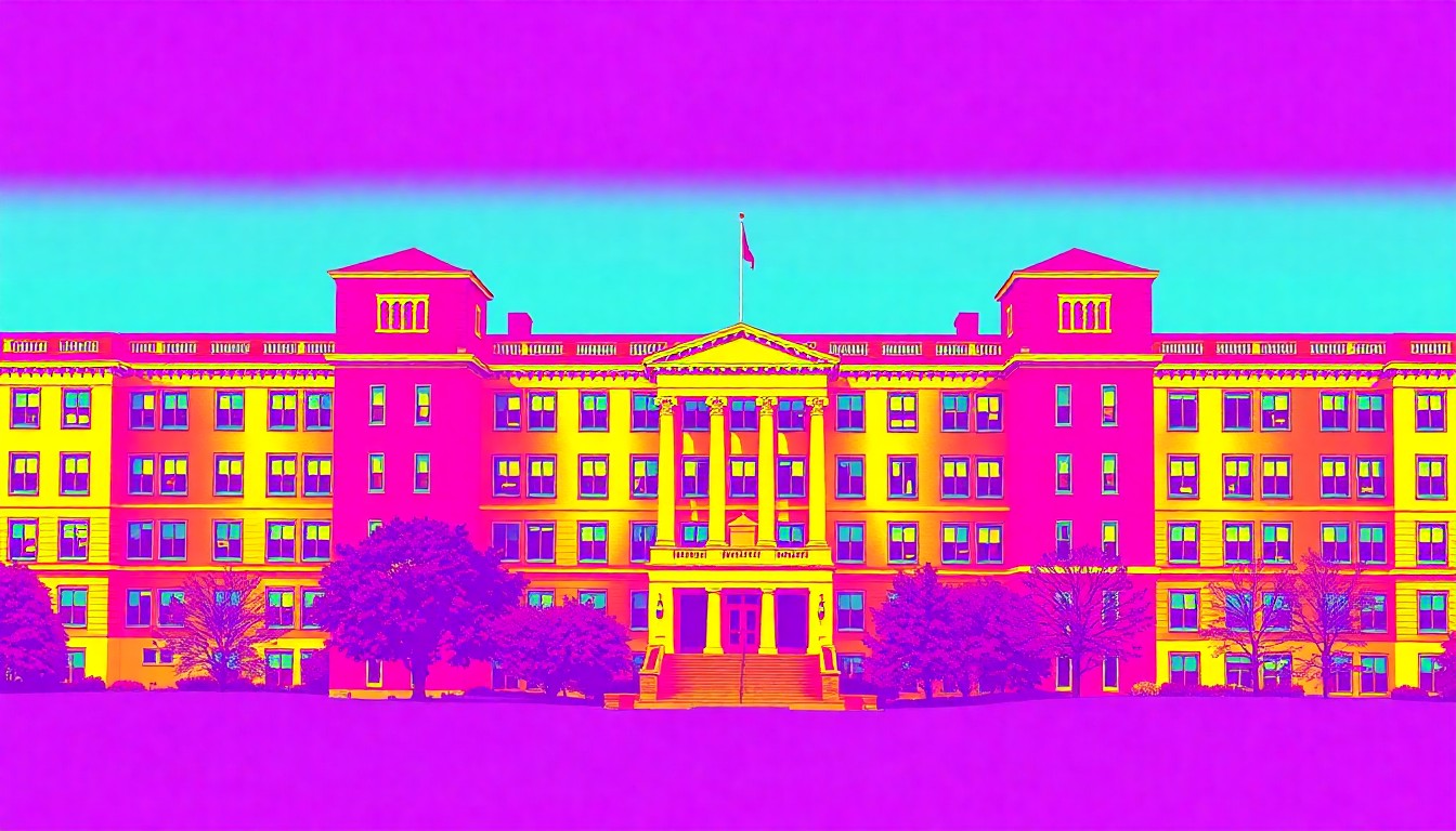 A vibrant, high-contrast silkscreen print depicting a repeated image of an iconic college campus building, rendered in a stylized, neon-hued pop art aesthetic reminiscent of Andy Warhol's work, conceptually representing Eastern Kentucky University's growth and prominence as a leading regional public university.