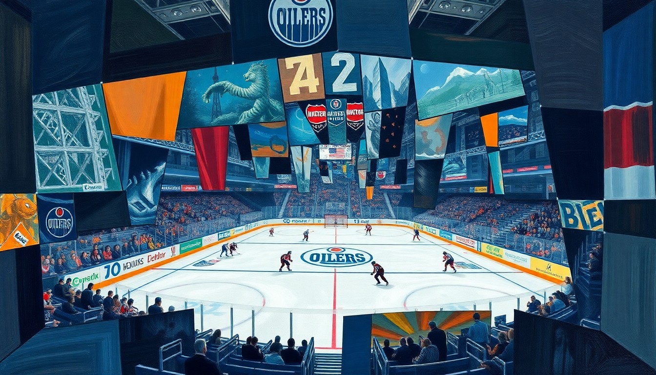 A cubist, geometric painting depicting the action of a hockey game, with players and the puck fractured into overlapping angular shapes in a vibrant color palette.