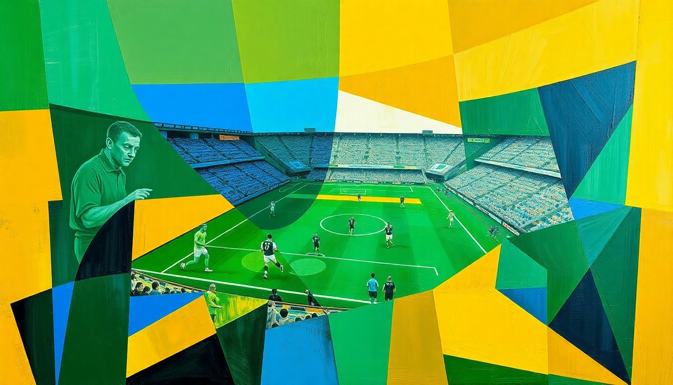 A fragmented, geometric painting depicting a Gaelic football match, with sharp planes of green, blue, and yellow representing the players and field.