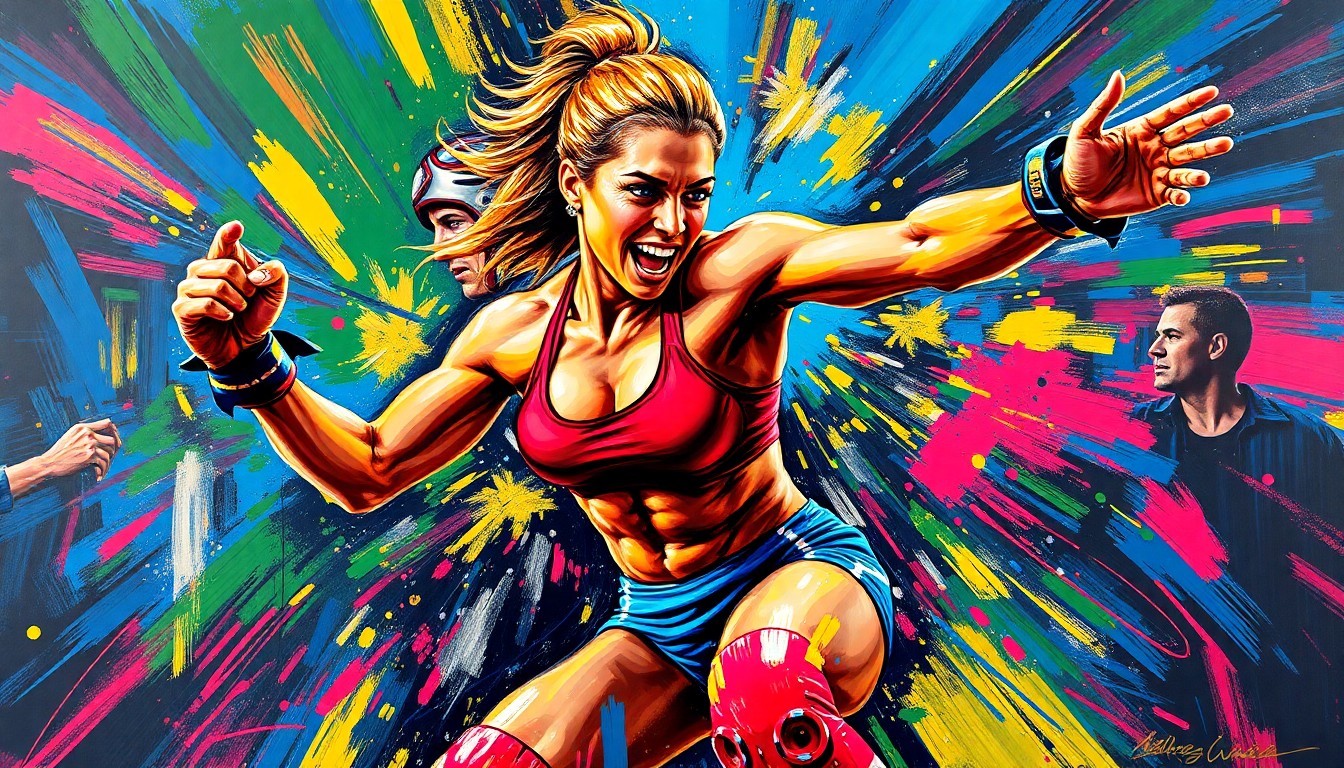 An abstract, energetic painting featuring bold, neon-colored brushstrokes that capture the dynamic movements and raw athleticism of a female wrestler in action.