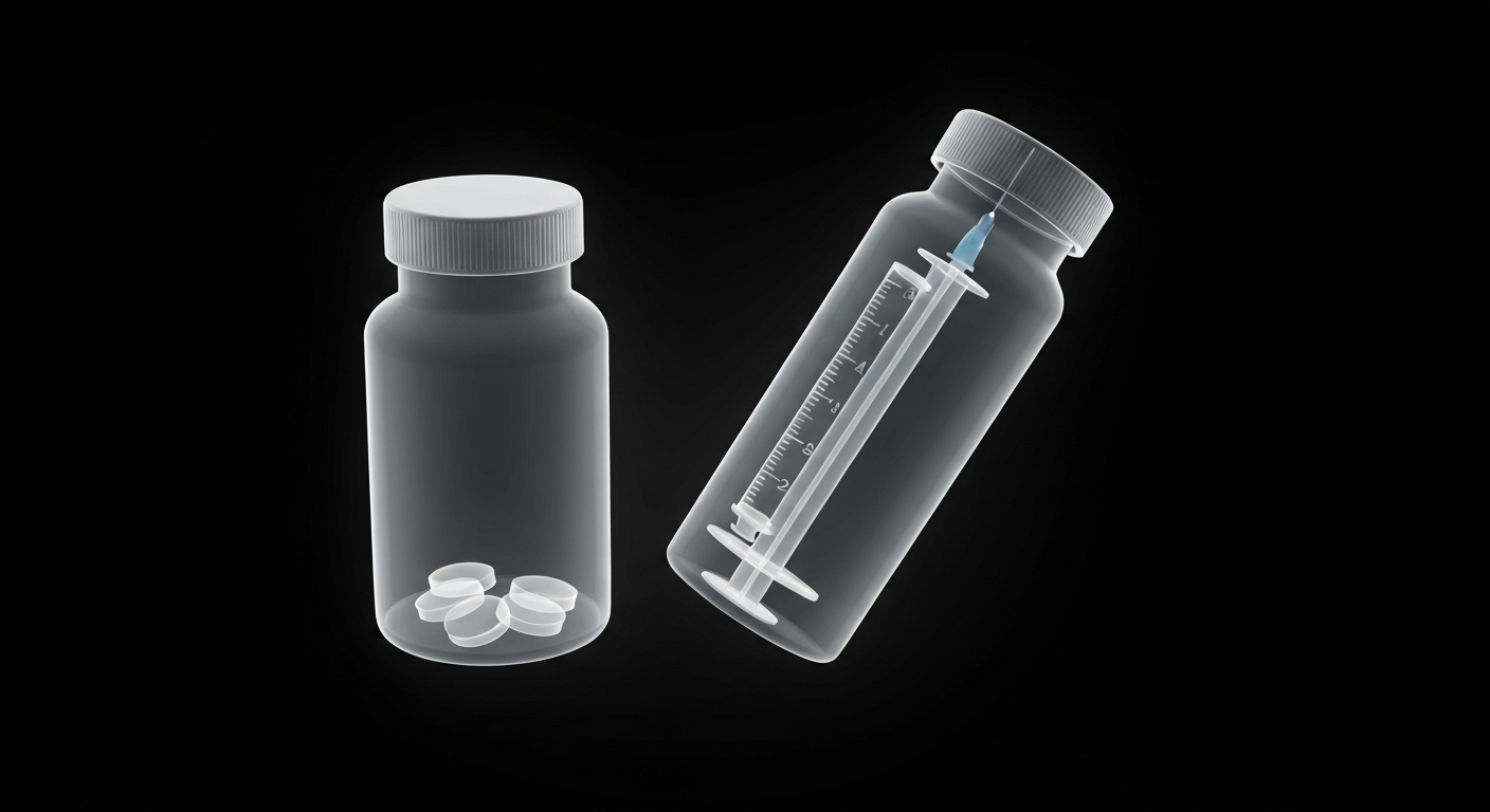 A ghostly, translucent X-ray image of a medication bottle and syringe, revealing their internal structures and components in glowing lines against a dark background, conceptually representing the advanced technology used to detect medication risks.