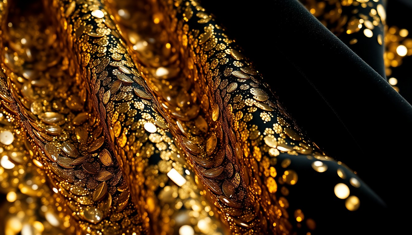 An extreme close-up photograph of shimmering, textured sequins and glittering glass shards, conceptually representing the luxurious materials and finishes found in celebrity homes.