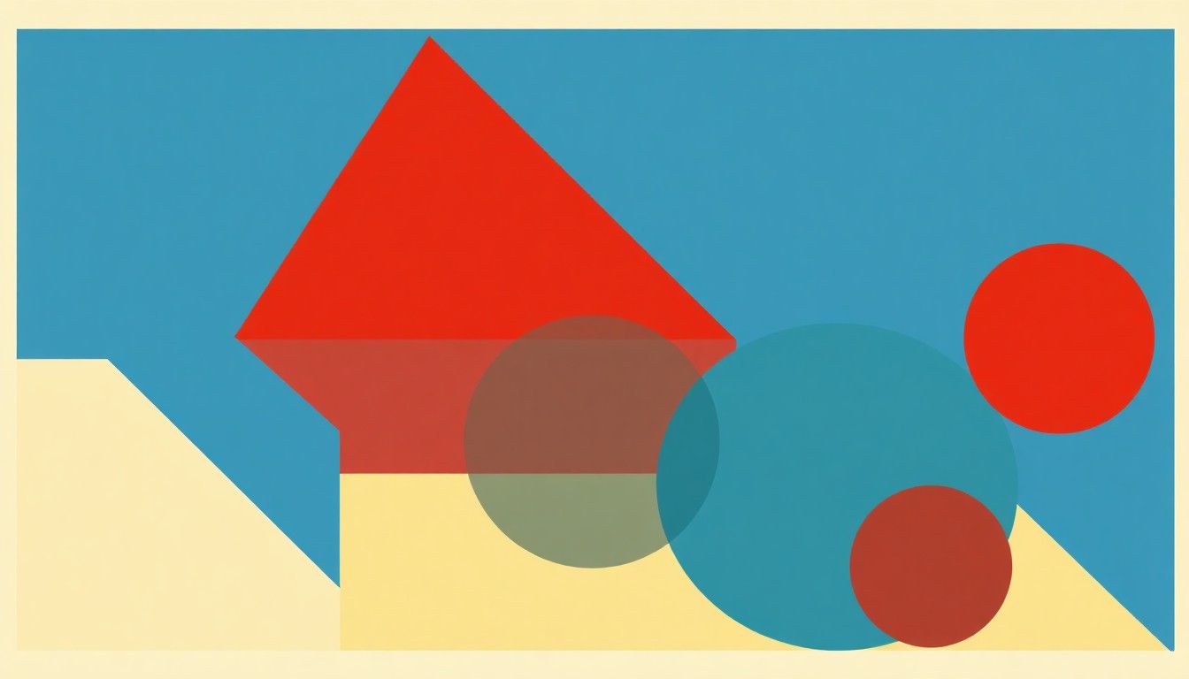 A minimalist abstract illustration using bold geometric shapes and primary colors to represent the economic impacts of a geopolitical conflict, conveying a sense of complexity and uncertainty.