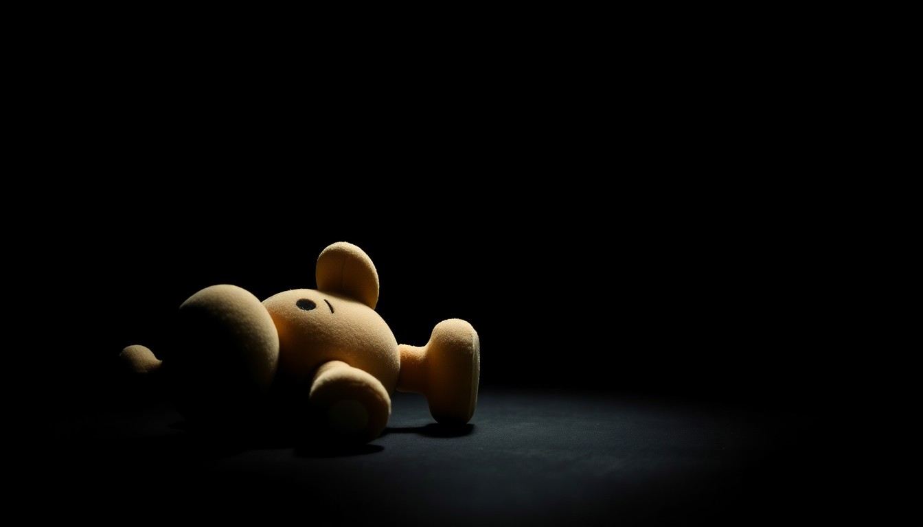 An extreme close-up photograph of a small, worn toy or personal item related to the Dalton Mesarchik case, lit by a harsh, direct camera flash against a pitch-black background, creating a stark, gritty, investigative aesthetic.