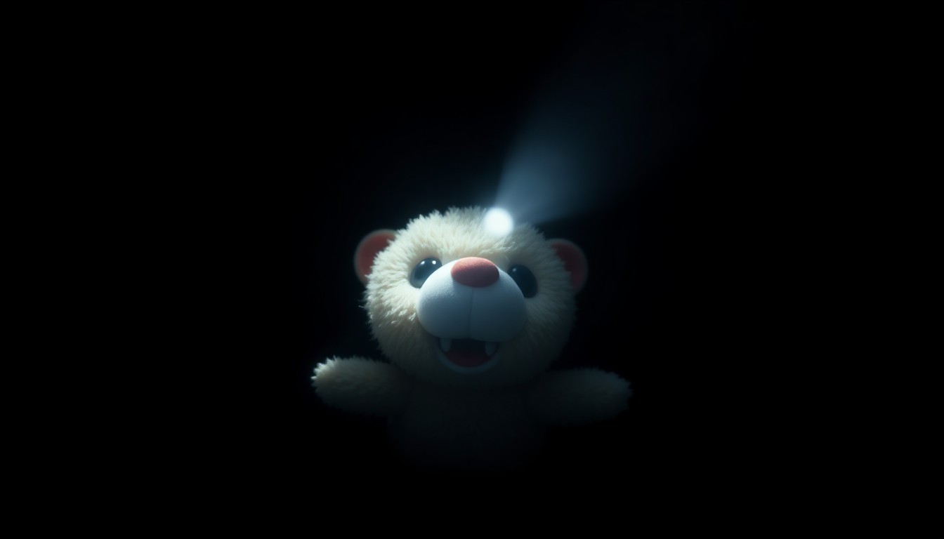 An extreme close-up photograph of a small, worn stuffed animal against a pitch-black background, conceptually representing the disturbing nature of the alleged crimes against children.