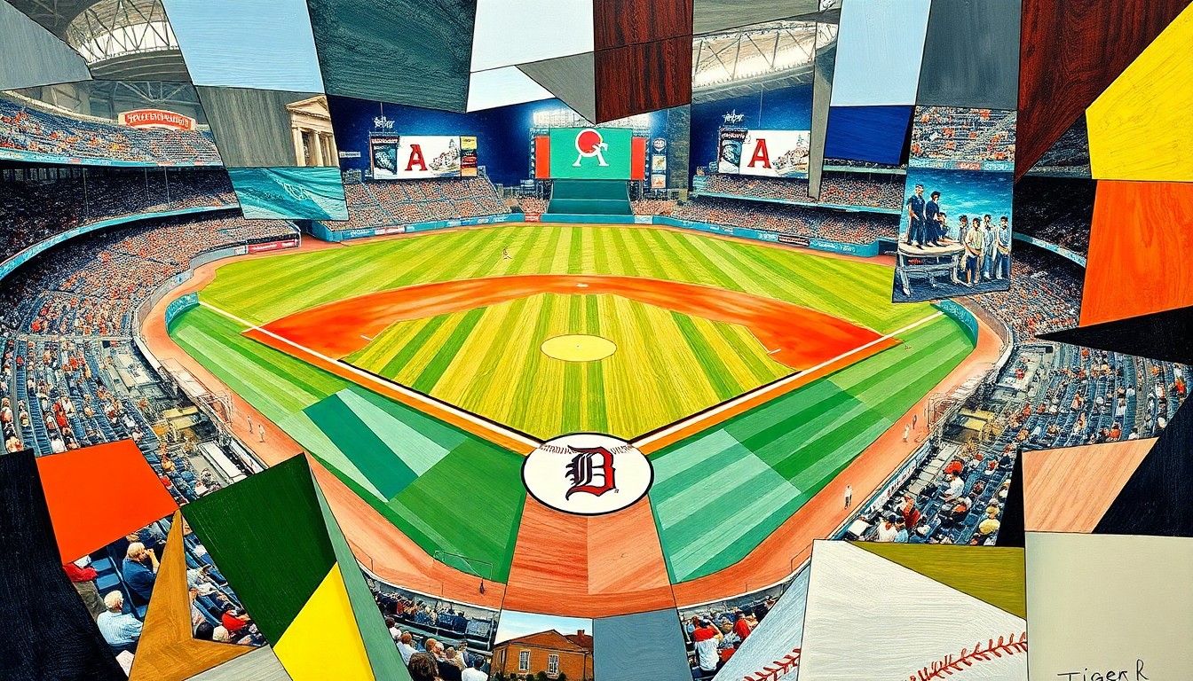 A cubist, geometric painting depicting a baseball game in progress, with players and field elements fractured and abstracted into overlapping planes of color and shape.