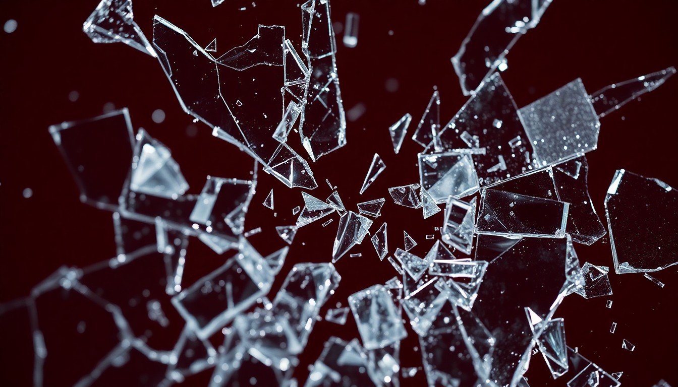 An extreme close-up photograph of shattered glass and glittering shards, representing the fractured nature of a celebrity relationship.