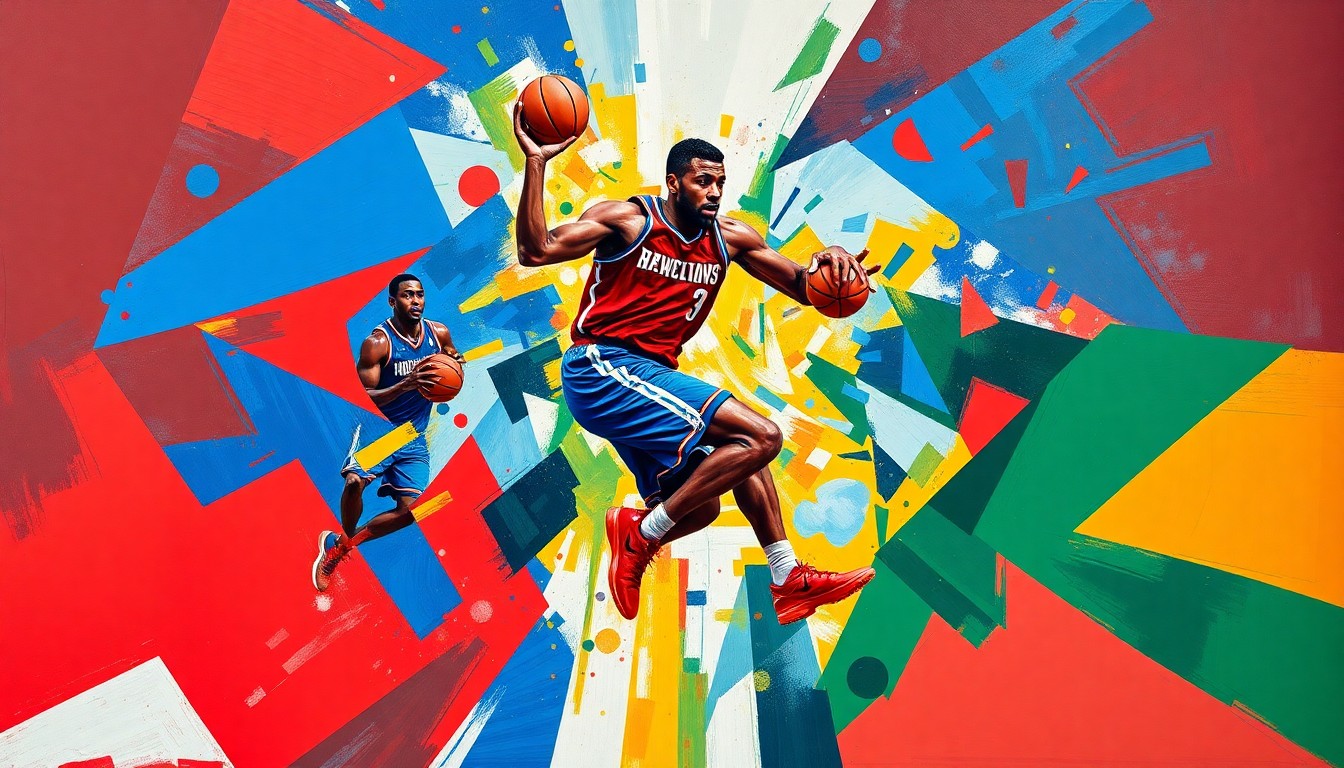 A fractured, cubist-style painting depicting the dynamic movements of a basketball player, with sharp geometric shapes and planes in vibrant colors representing the intense competition and uncertainty surrounding the player's college decision.