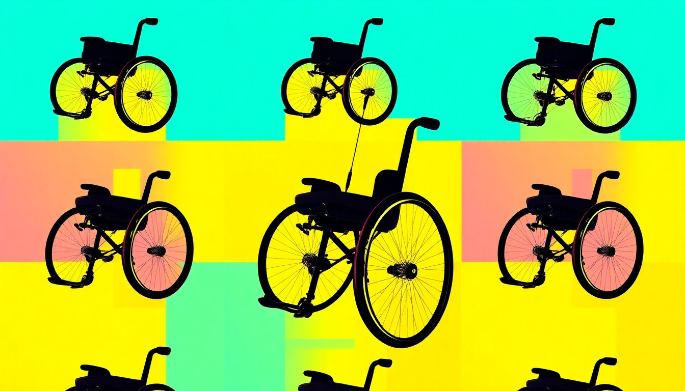 A bold, colorful silkscreen print featuring a wheelchair icon repeated in a tight grid, conveying the resilience and determination of a teenager with a disability who has found success through adaptive sports and activities.