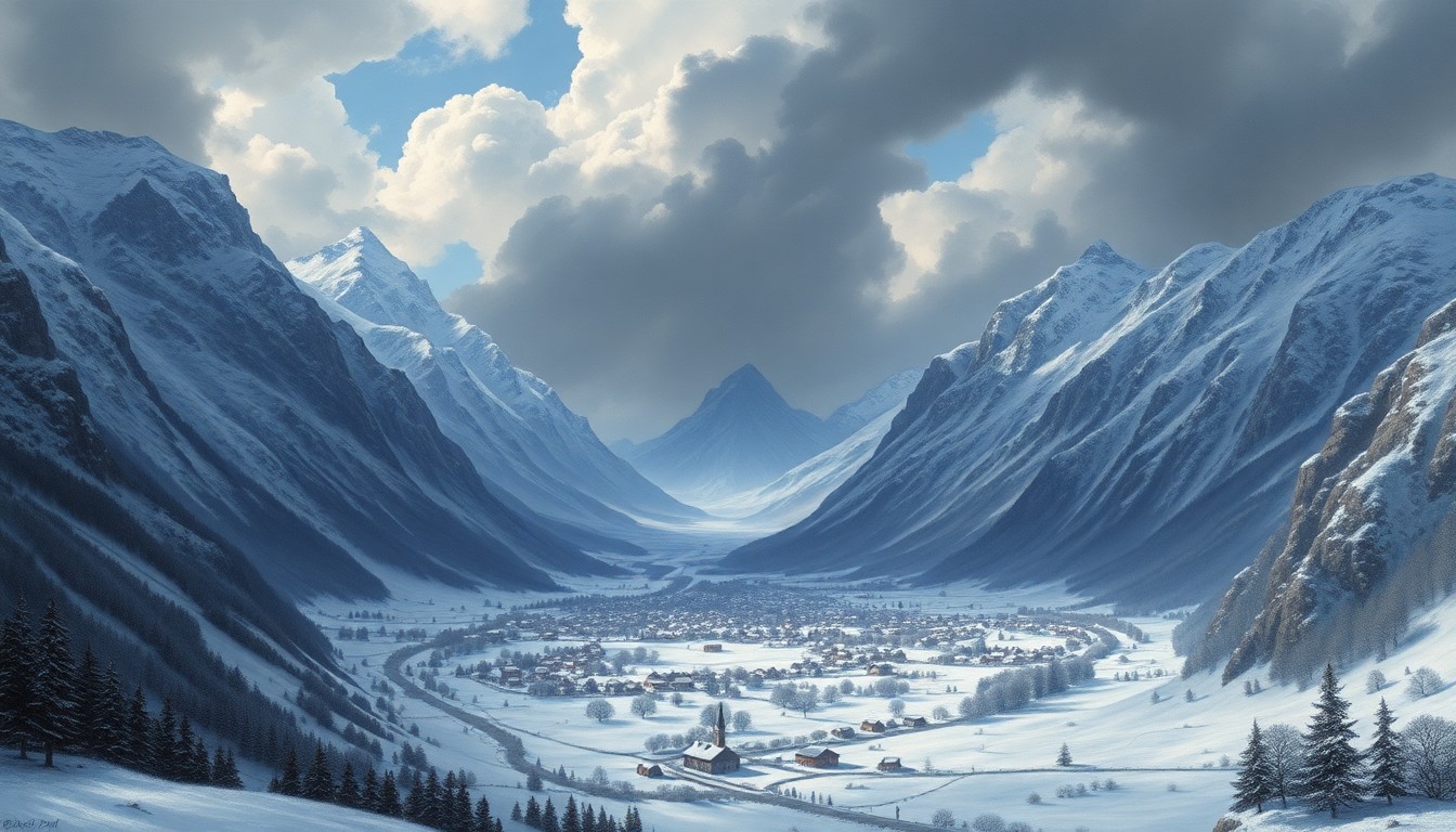 A sweeping, atmospheric landscape painting in muted tones of blue, grey, and white, depicting a small town nestled in a frozen valley surrounded by towering, snow-capped mountains, conveying the overwhelming power and sublime beauty of a severe winter storm.