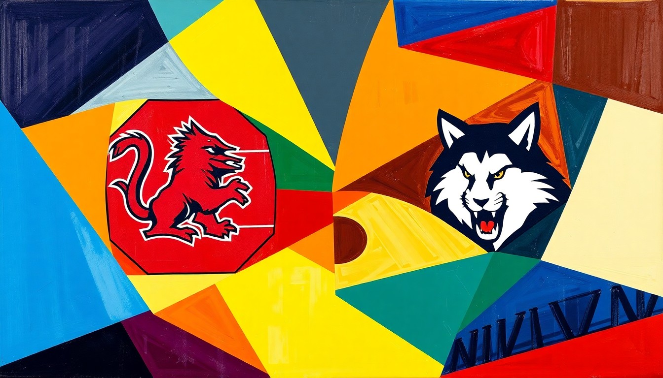 A fragmented, geometric painting depicting the dynamic action of a basketball game, with sharp planes of color representing the opposing teams' uniforms and the intense competition between the two star players.