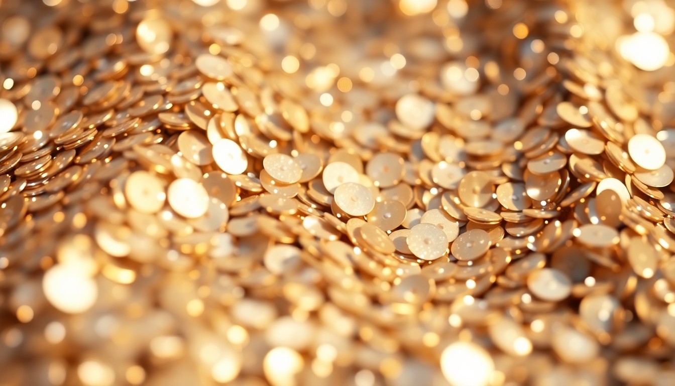 An abstract close-up photograph of shimmering, high-contrast sequins in metallic silver and gold tones, capturing the glitz and glamour of Hollywood production.