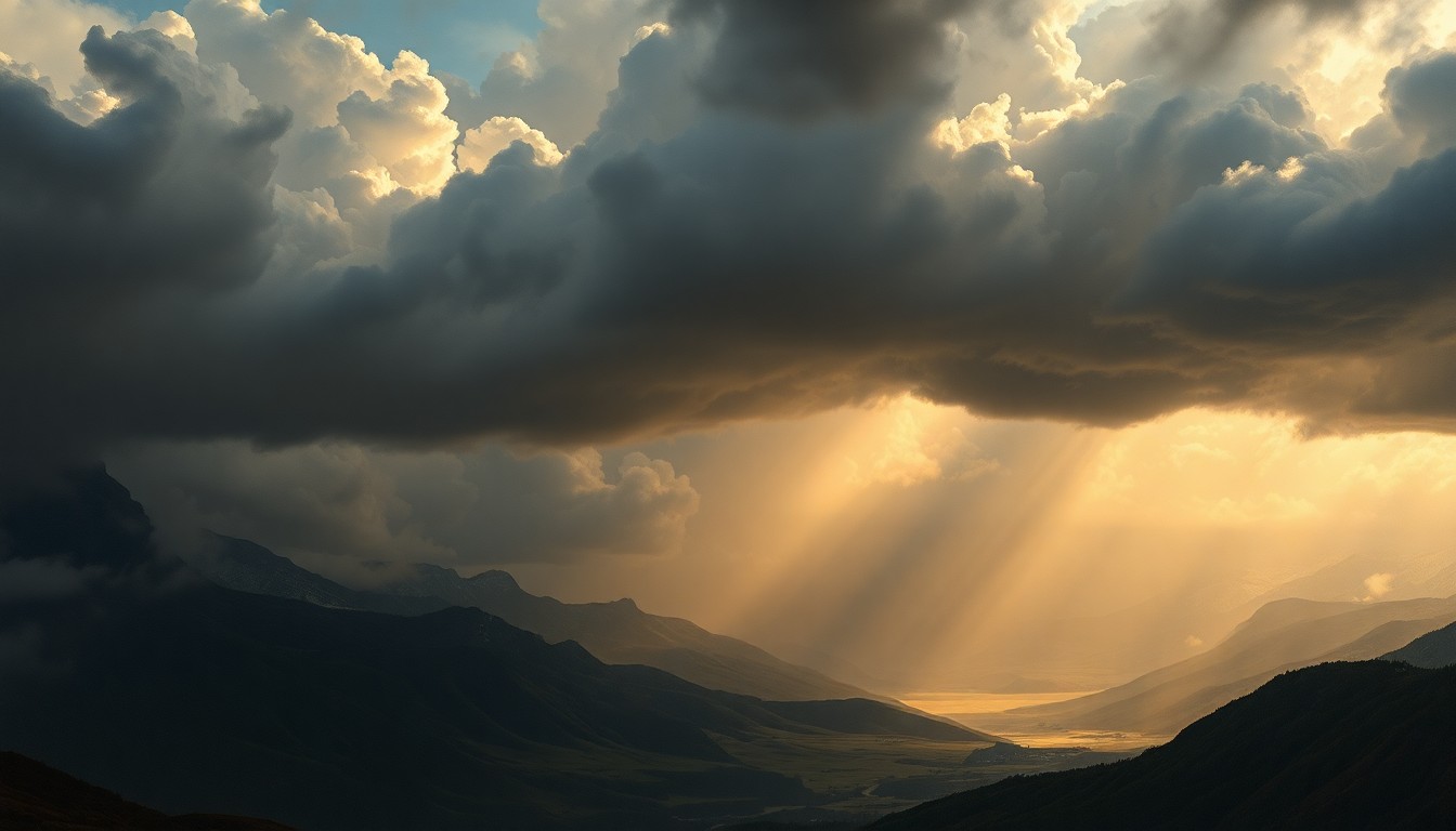 A vast, atmospheric landscape painting in muted tones of gray, blue, and green, with heavy clouds dominating the frame and obscuring the horizon, conveying a sense of the overwhelming power of an impending weather system.