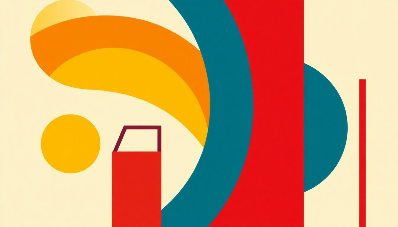 A geometric abstract illustration using bold red, blue, and yellow shapes to represent the rising cost of gasoline and its impact on the American economy.